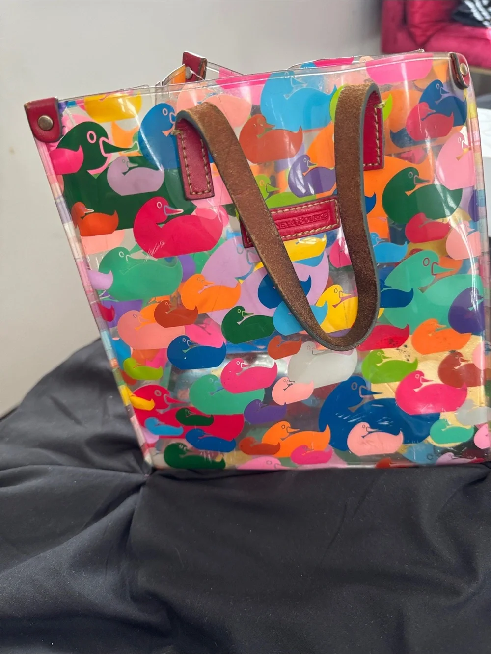 Dooney & Bourke Multicolor Duck-Print Clear Tote with Pink Straps